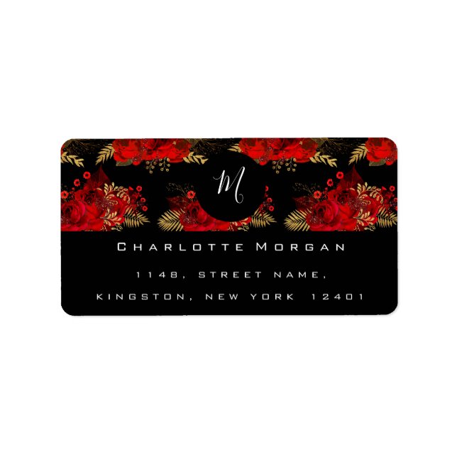Monogram Black White Floral Gold Roses Leaf RSVP Label (Front)