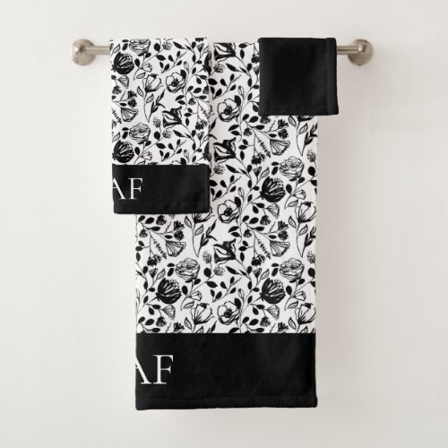 Monogram Black White Floral Line Art Gift Bath Towel Set