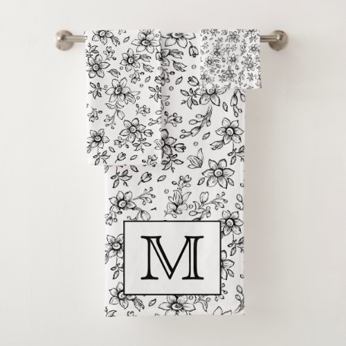 Monogram Black White Floral Pattern Bath Towel Set