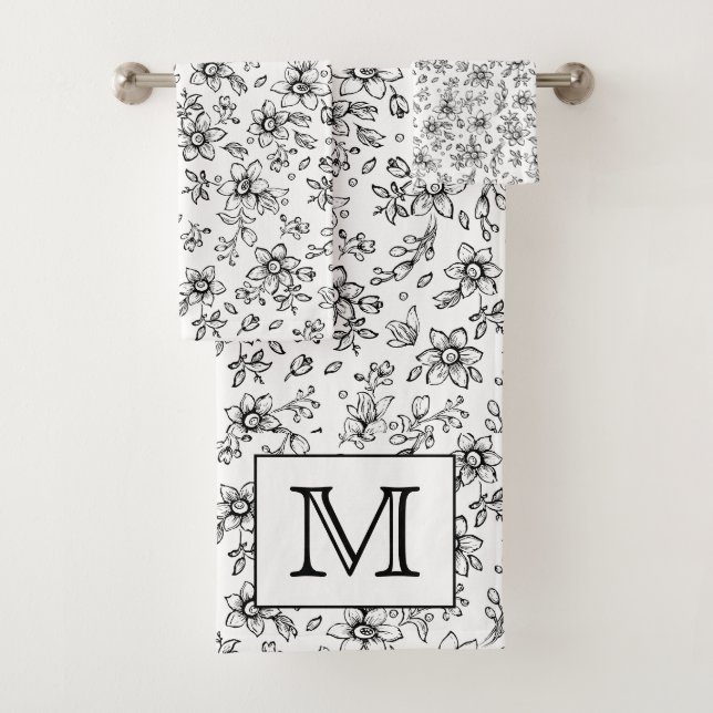 Monogram Black White Floral Pattern Bath Towel Set (Insitu)