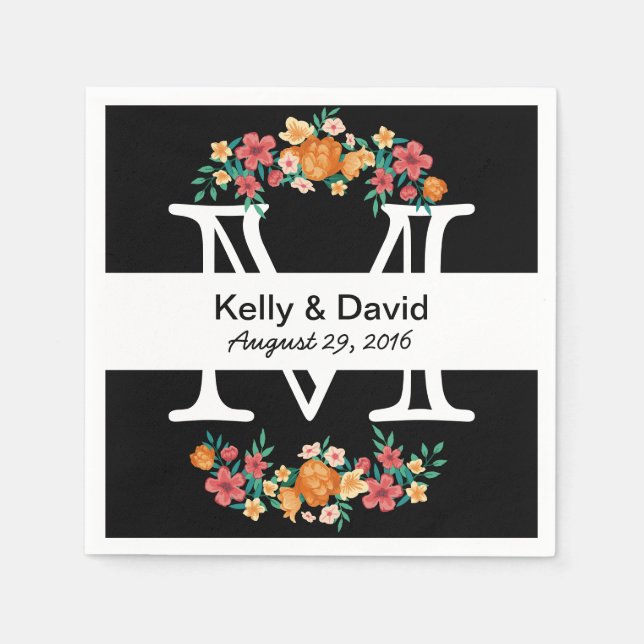 Monogram Black & White Floral Wedding Paper Napkins (Front)