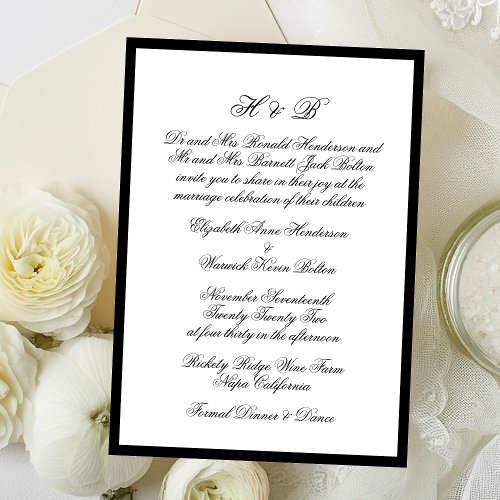 Monogram Black  White Formal Frame Wedding Invitation