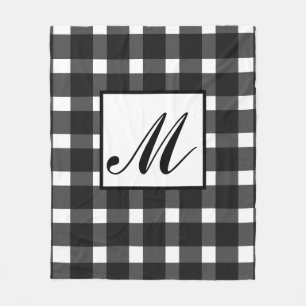 Monogram Black White Gingham Pattern Fleece Blanket