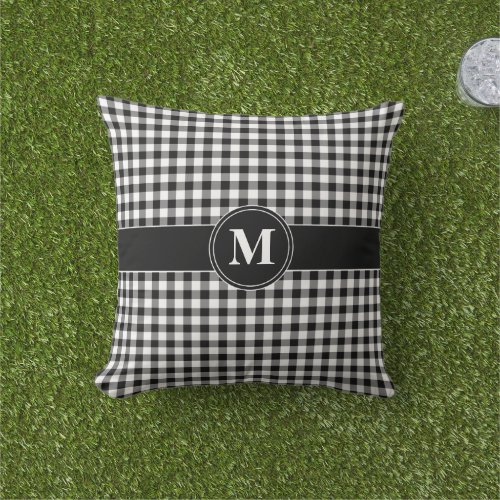 Monogram Black  White Gingham Plaid Check Pattern Outdoor Pillow