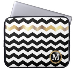 Monogram Black, White &amp; Gold Chevron Stripes Laptop Sleeve