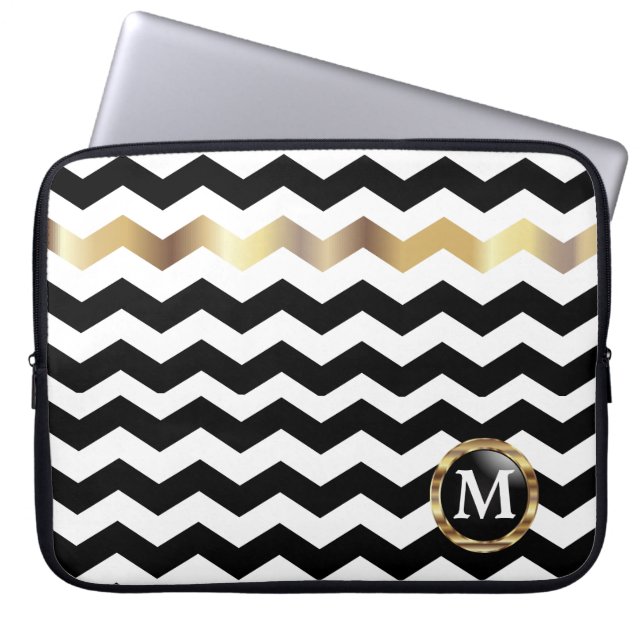 Monogram Black, White & Gold Chevron Stripes Laptop Sleeve (Front)