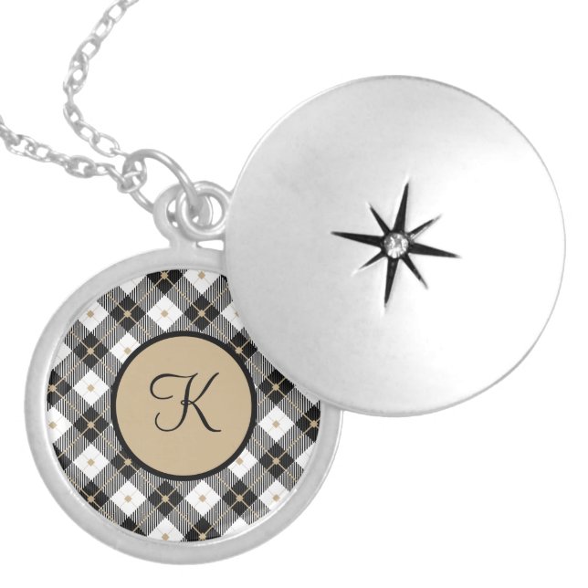 Monogram Black White Gold Plaid Trendy Stylish  Locket Necklace (Front)