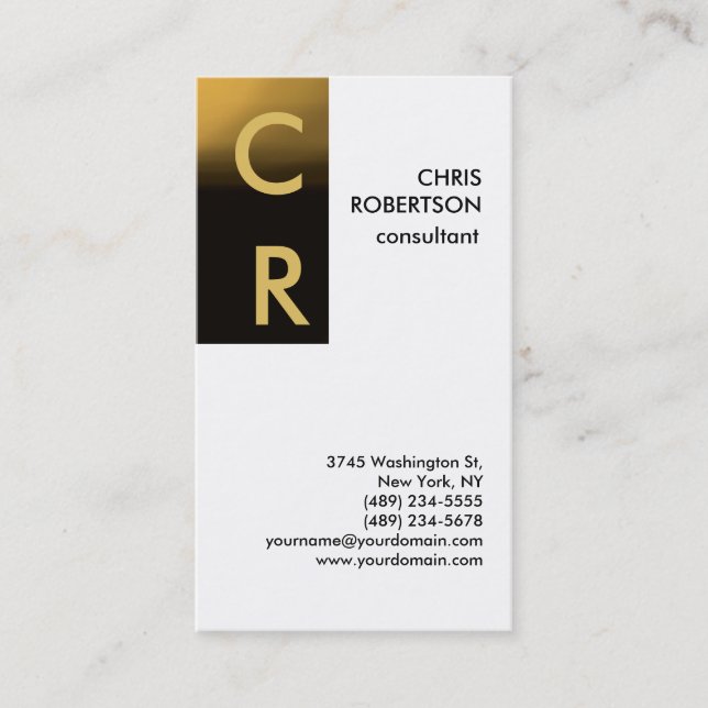 Monogram Black White Gold Plain Business Card (Front)