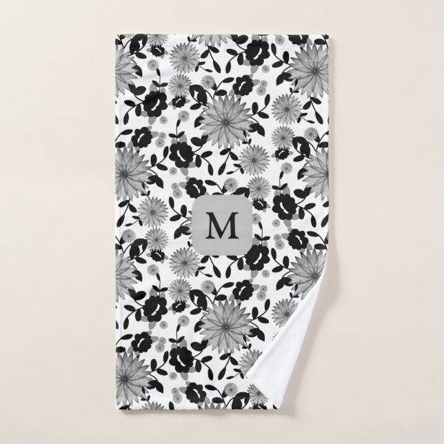 Monogram Black White Gray Flower Design Hand Towel (Hand Towel)