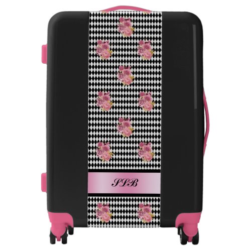 Monogram Black White Harlequin Pattern with Roses Luggage