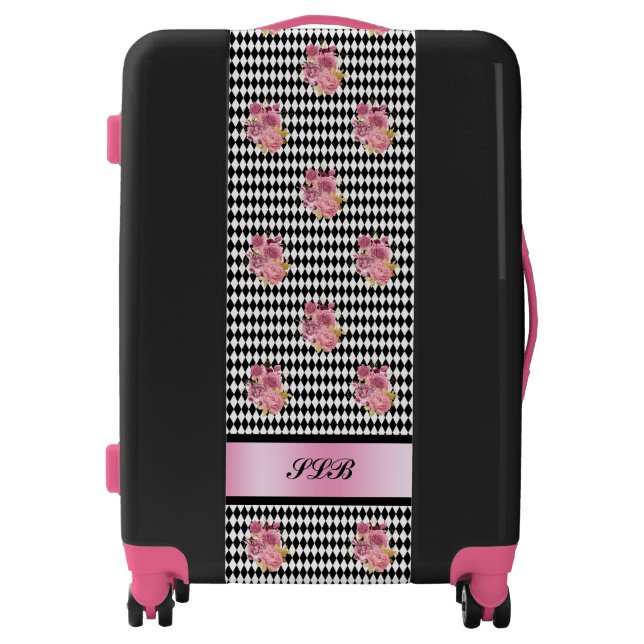 Monogram Black White Harlequin Pattern with Roses Luggage (Front)