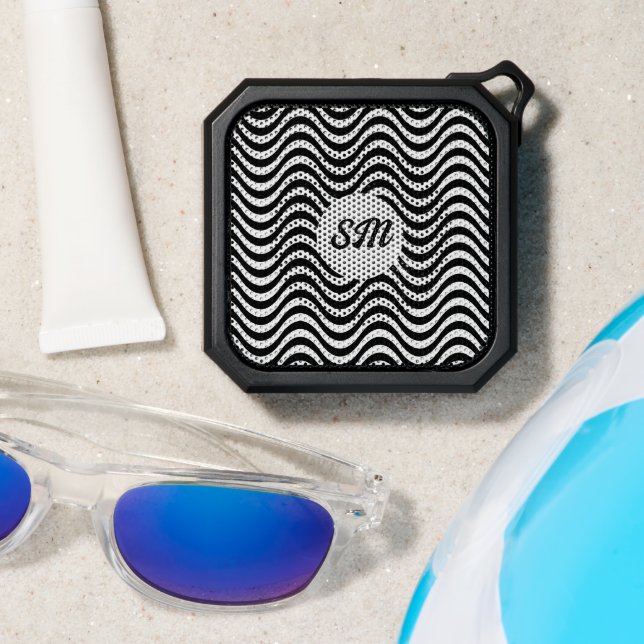 Monogram Black White Hypnotic Wavy Stripes Bluetooth Speaker (Insitu(Beach))