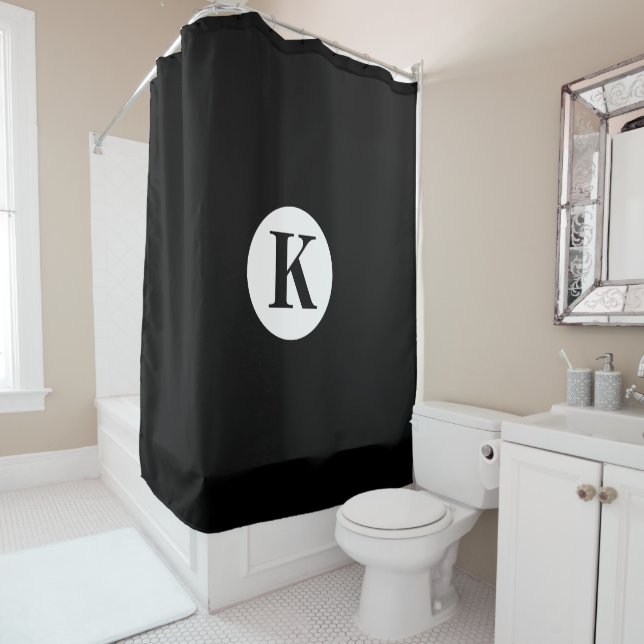 Monogram Black White Initial Custom Name Modern Shower Curtain (In Situ)