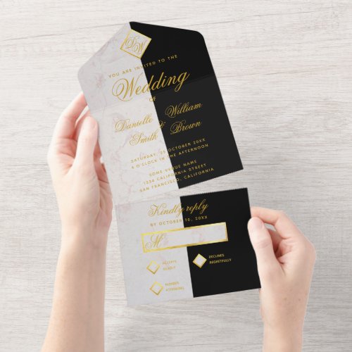 Monogram Black White Marble Faux Gold Foil Wedding All In One Invitation