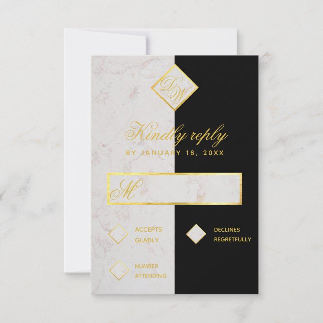 Monogram Black White Marble Gold Elegant Wedding RSVP Card (Front)
