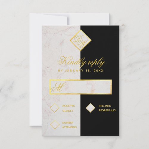 Monogram Black White Marble Gold Elegant Wedding RSVP Card