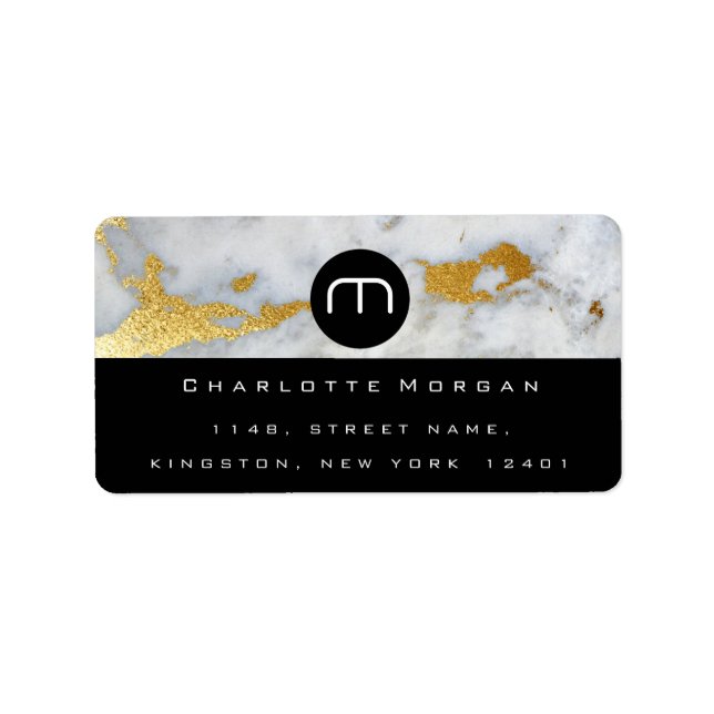Monogram Black White Marble Gold Gray VIP  RSVP Label (Front)