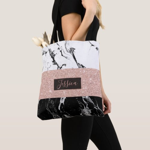 Monogram black white marble rose gold stripes tote bag