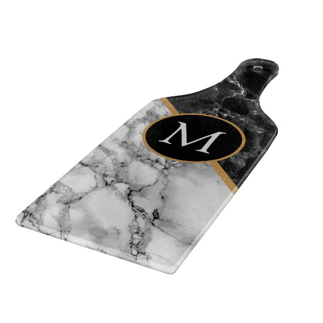 Monogram Black White Marble Stone Cutting Board (Corner)