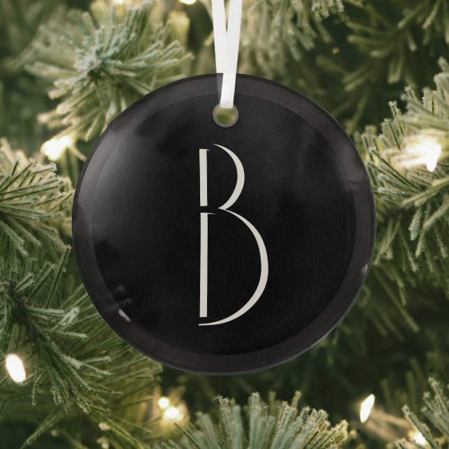 Monogram Black White Minimal Modern Typography Glass Ornament (Insitu)