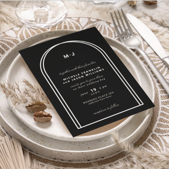 Monogram Black White Minimalist Arch Wedding Invitation by pinkpinetree at Zazzle