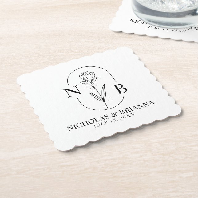 Monogram Black White Minimalist Classic Wedding Paper Coaster (Angled)