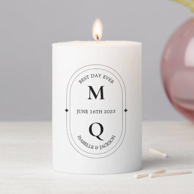 Monogram Black & White Modern Wedding Pillar Candle (In Situ)