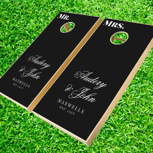 Monogram Black White Mr Mrs Script Wedding Cornhole Set