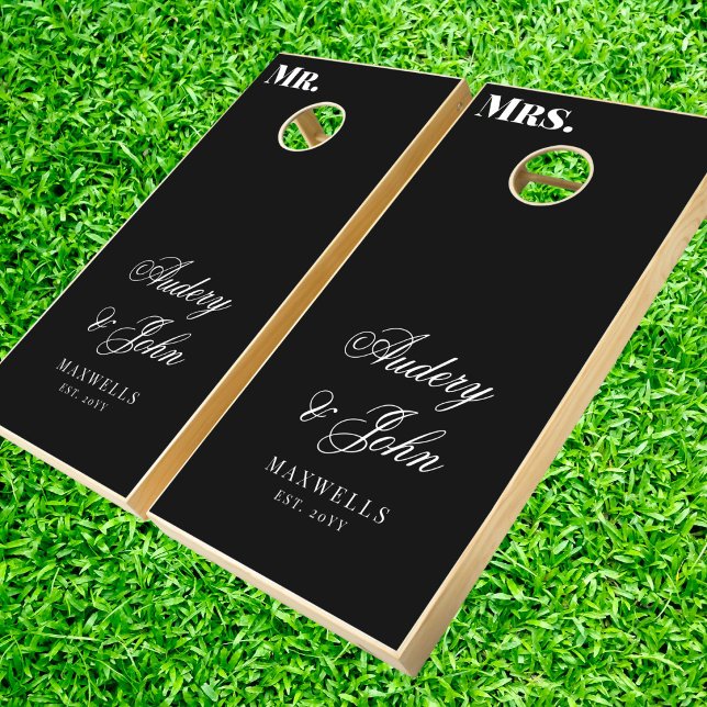 Monogram Black White Mr Mrs Script Wedding Cornhole Set (Creator Uploaded)