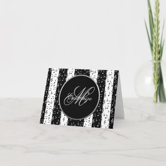 Monogram Black & White Musical Stripes Card (Front)