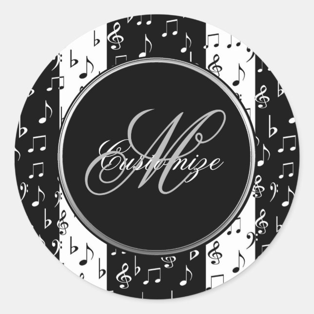 Monogram Black & White Musical Stripes Stickers (Front)