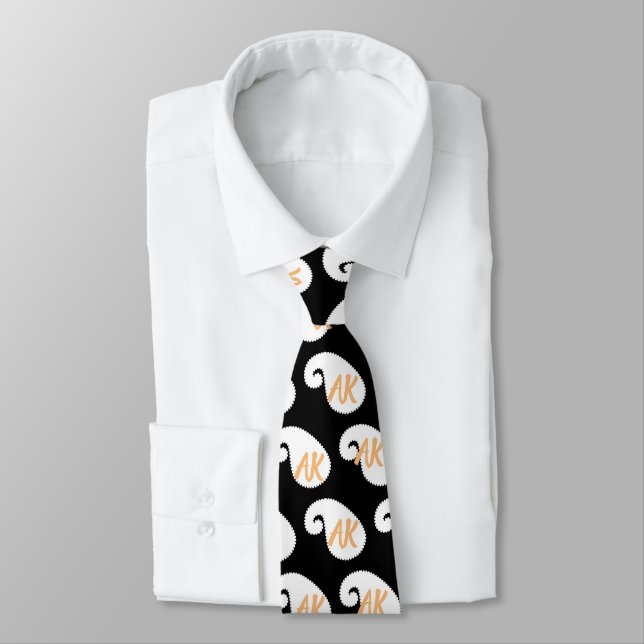 Monogram Black White & Orange Paisley  Neck Tie (Tied)