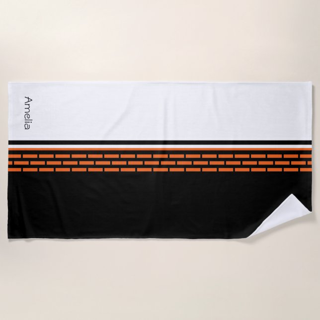 Monogram Black White Orange Striped Pattern Beach Towel (Front)