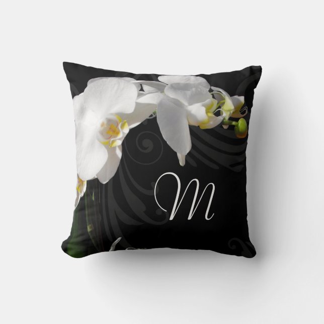 Monogram Black/White Orchid Throw Pillow (Front)