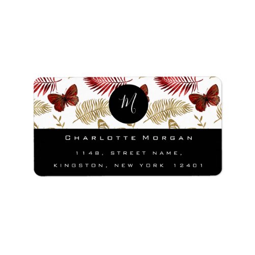 Monogram Black White Palm Red Gold Butterfly RSVP Label