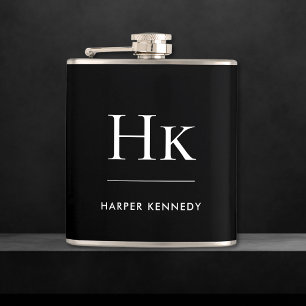 Monogram Black White Personalized Flask