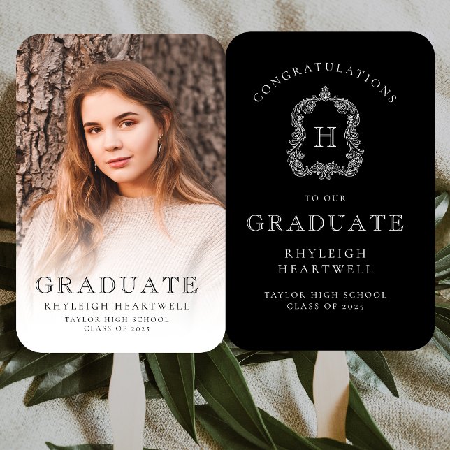 Monogram Black White Photo Graduation Hand Fan (Creator Uploaded)