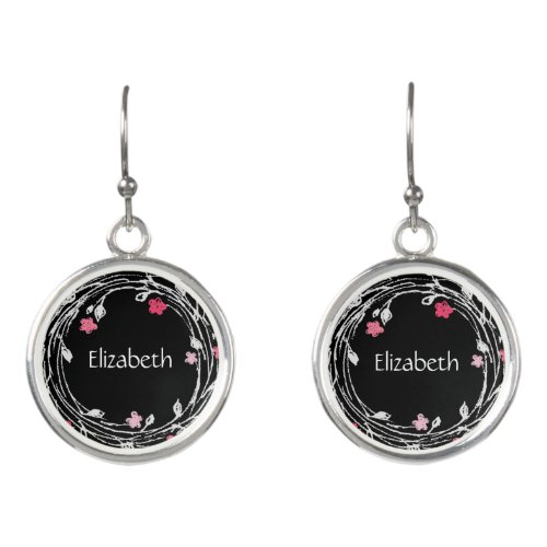 Monogram Black White Pink Floral Earrings