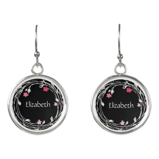 Monogram Black White Pink Floral Earrings (Front)