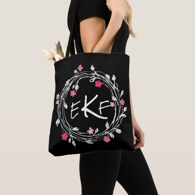 Monogram Black & White Pink Floral Wreath Tote Bag (Close Up)