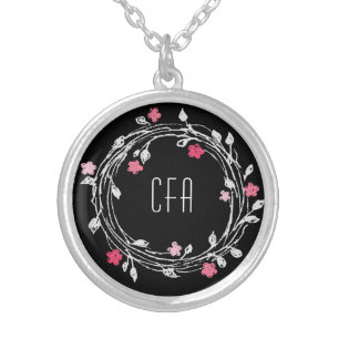 Monogram Black White Pink Red Floral Wreath Silver Plated Necklace