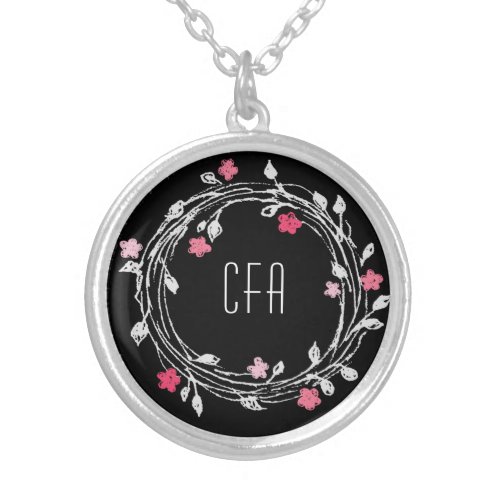 Monogram Black White Pink Red Floral Wreath Silver Plated Necklace