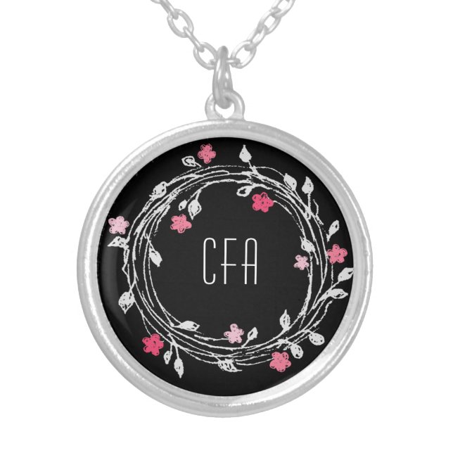 Monogram Black White Pink Red Floral Wreath Silver Plated Necklace (Front)