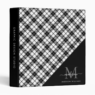 Monogram Black White Plaid Feminine Script Office 3 Ring Binder