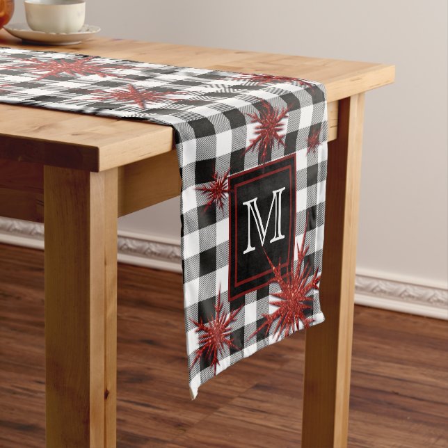 Monogram Black White Plaid Red Glitter Snowflakes Medium Table Runner (In Situ)
