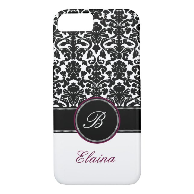 Monogram Black, White, Plum Damask iPhone 7 Case (Back)