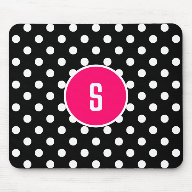 Monogram Black White Polka Dot Pattern Hot Pink Mouse Pad (Front)