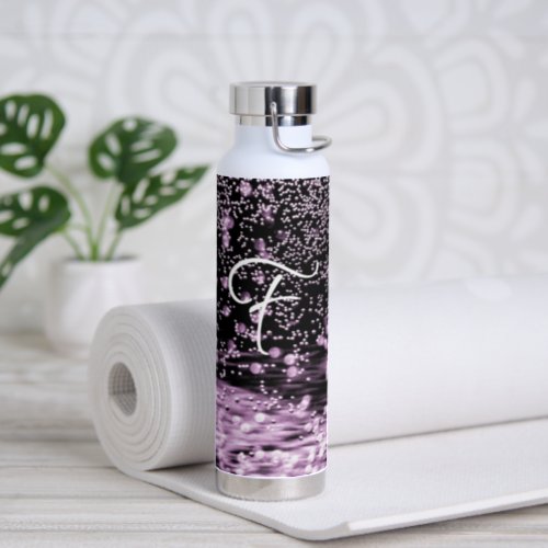 Monogram Black White Purple Elegant Water Bubbles Water Bottle