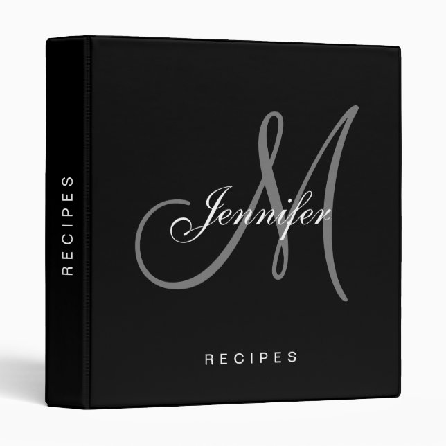 Monogram Black White Script Elegant Name Recipe 3 Ring Binder (Front/Spine)