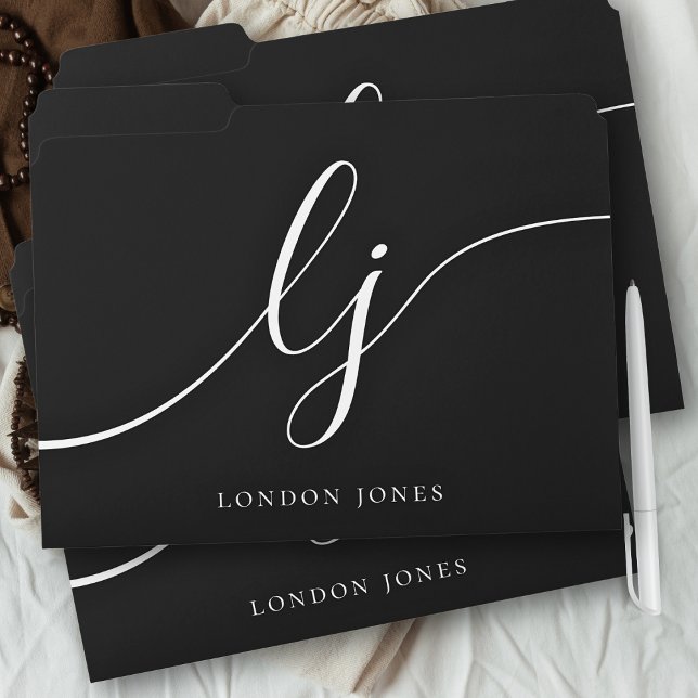 Monogram Black White Script Initials Professional File Folder (Creator Uploaded)